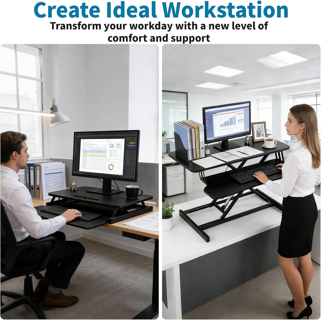 Standing Desk Converter, Height Adjustable Sit to Stand Riser, Dual Monitor and Laptop Workstation with Wide Keyboard Tray, Desk Lifter for Home Office