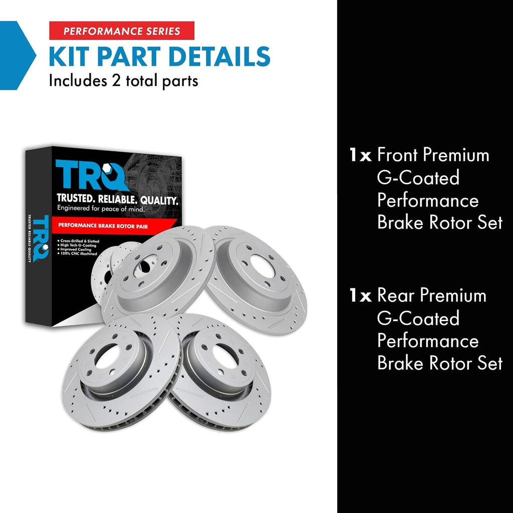 TRQ Performance Front and Rear Brake Rotor Set G Coated Drilled and Slotted Compatible with 2015-2020 Ford Mustang