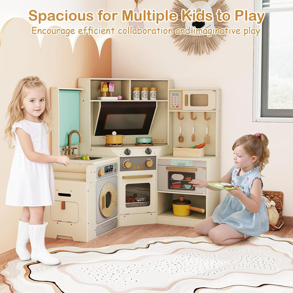 GLACER Corner Wooden Play Kitchen with Real Lights & Sounds, Pretend Kids Kitchen Playset with Trash Bin, Accessories, Dishwasher, Microwave Oven, Cooking Play Set for Toddlers Ages 3+ (Off White)