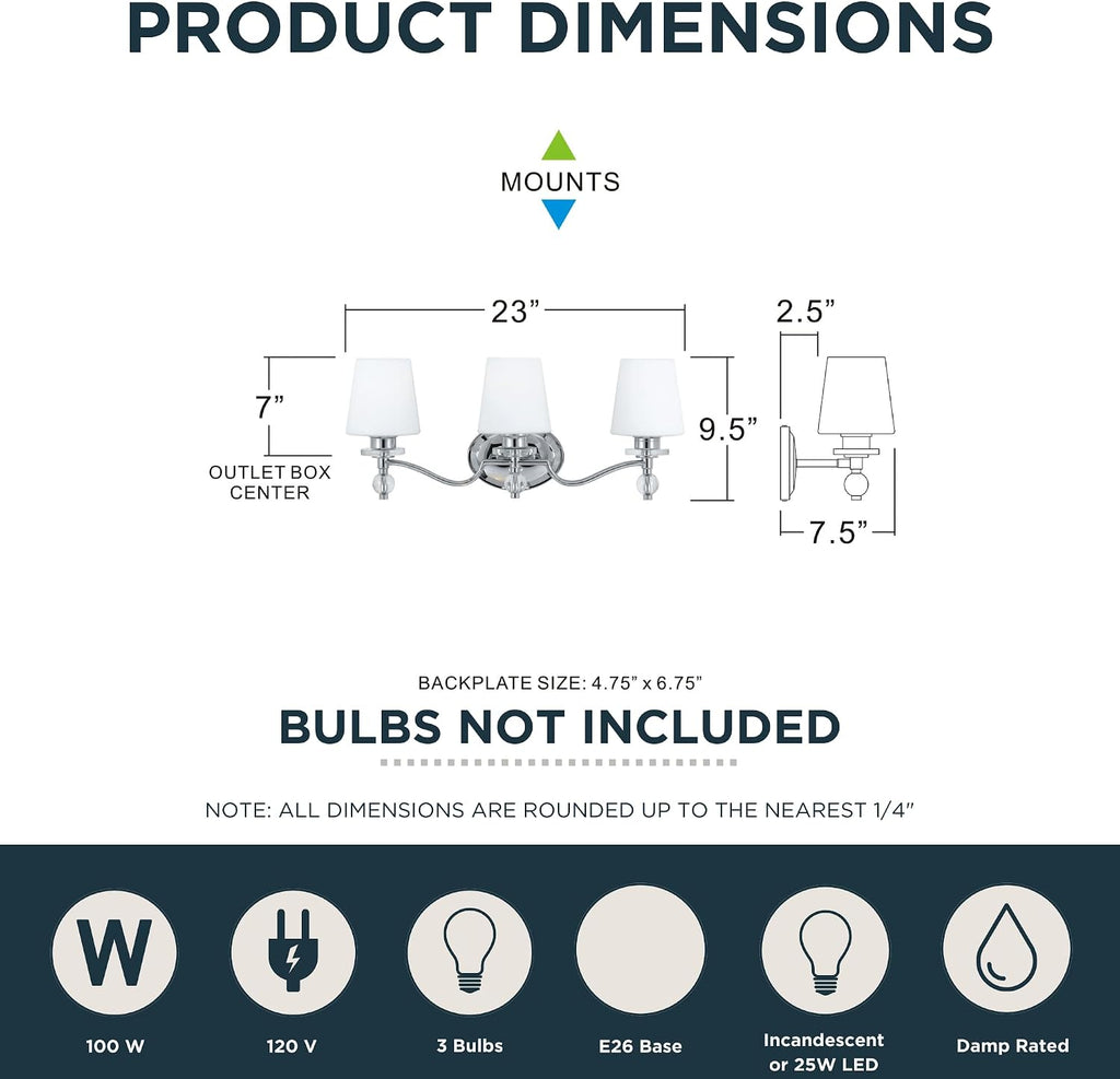 Quoizel Hollister 23' 3-Light Vanity Light, Polished Chrome Bathroom Fixture, Opal Etched Glass Shades, Classic Wall Mount for Over Mirror