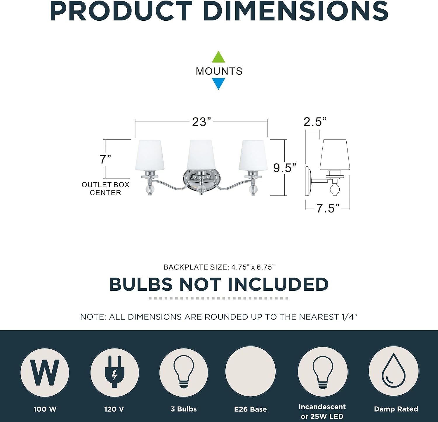 Quoizel Hollister 23' 3-Light Vanity Light, Polished Chrome Bathroom Fixture, Opal Etched Glass Shades, Classic Wall Mount for Over Mirror