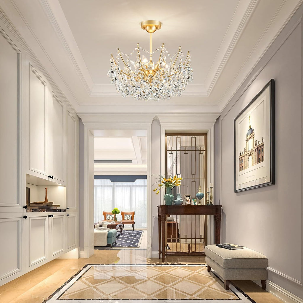 ANJIADENGSHI Crystal Chandelier Ceiling Light, Modern Semi Flush Mount Ceiling Light Fixture, Gold Hallway Lighting Fixtures Chandelier for Bedroom Bathroom Entryway Kitchen
