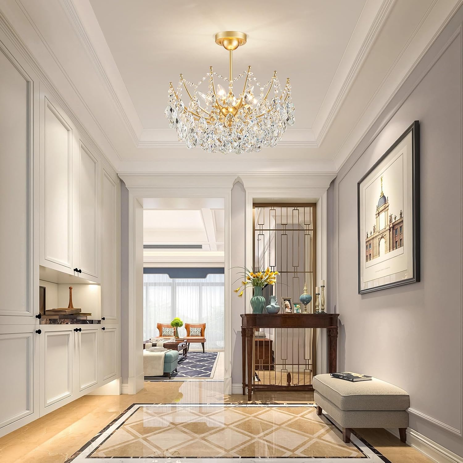 ANJIADENGSHI Crystal Chandelier Ceiling Light, Modern Semi Flush Mount Ceiling Light Fixture, Gold Hallway Lighting Fixtures Chandelier for Bedroom Bathroom Entryway Kitchen