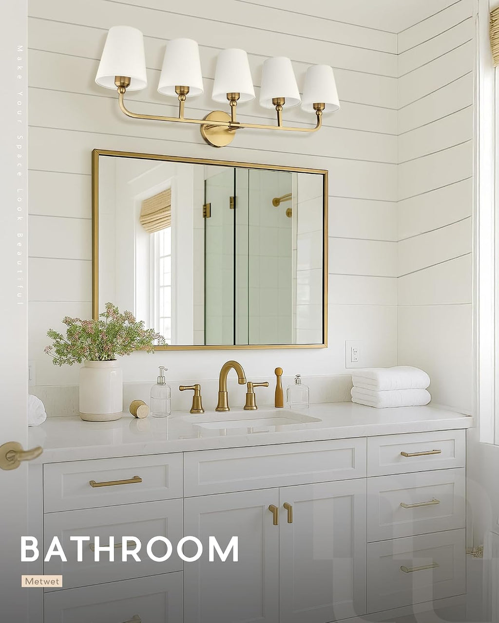 5-Light Bathroom Light Fixtures, Brushed Gold Vanity Lights with Flared Beige Fabric Shade, 35 Inch Wall Sconce, Vintage Sconces Wall Lighting for Hallway Bedroom, VL837-BG-B-5