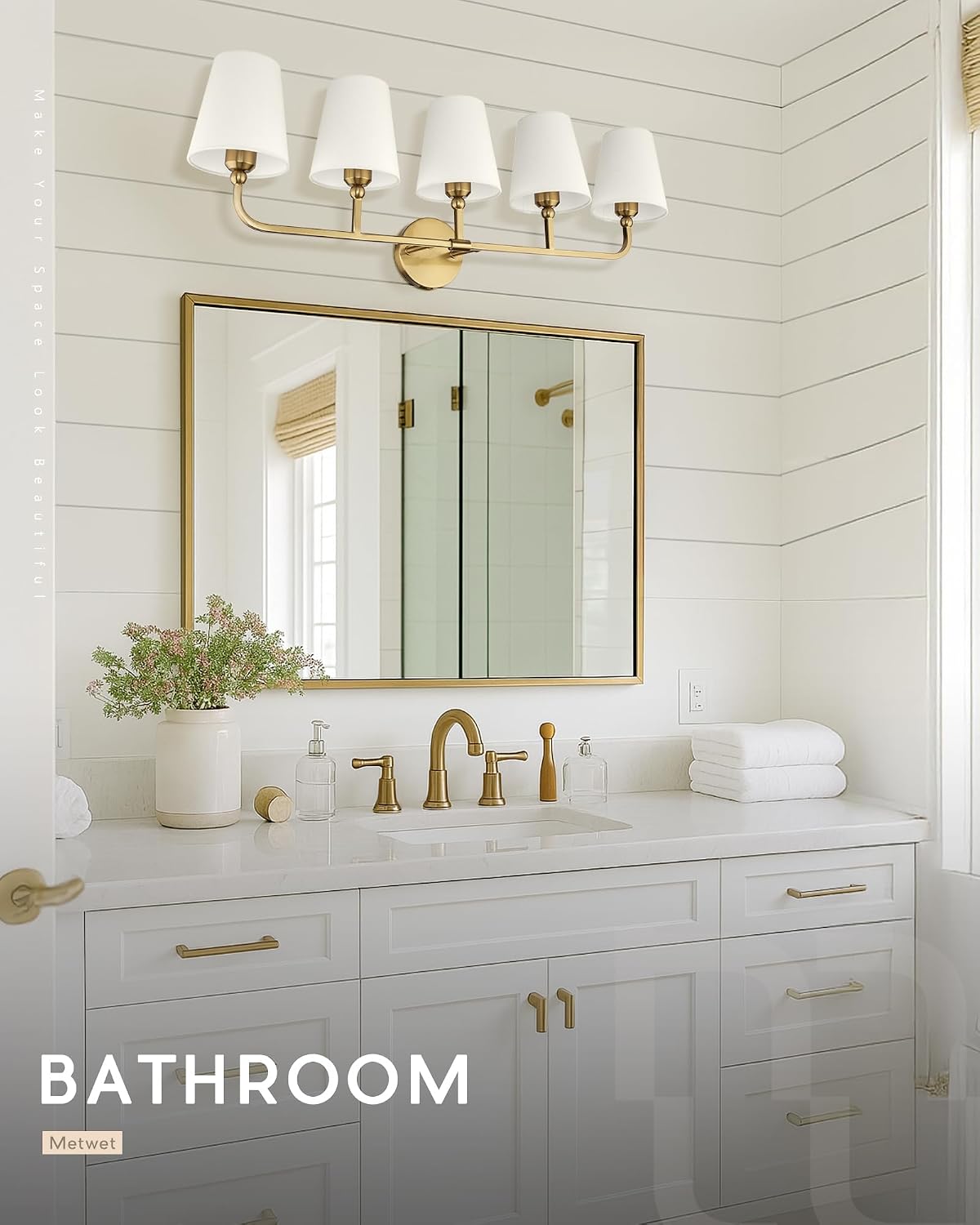 5-Light Bathroom Light Fixtures, Brushed Gold Vanity Lights with Flared Beige Fabric Shade, 35 Inch Wall Sconce, Vintage Sconces Wall Lighting for Hallway Bedroom, VL837-BG-B-5