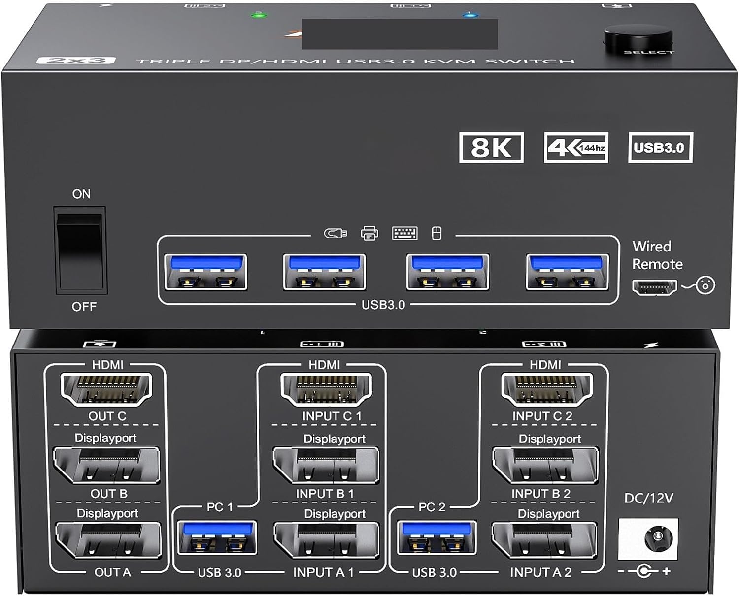 KVM Switch 3 Monitors 2 Computers 8K@60Hz 4K@144Hz, HDMI+2 Displayport KVM Switch Triple Monitor for 2 Computer Share(203DH AU)