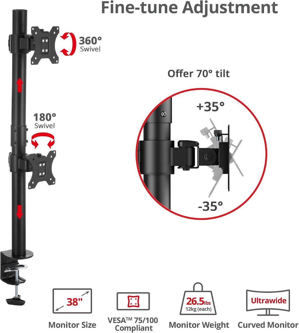 SIIG Dual Vertical Monitor Stand- Black, Fits 13-38' Screens- Up to 26.5 lbs- 31.5' Height Adjustable Pole- Quick-Release VESA- Cable Management -C-clamp/Grommet -VESA Plate 75/100(CE-MT5G11-S1)