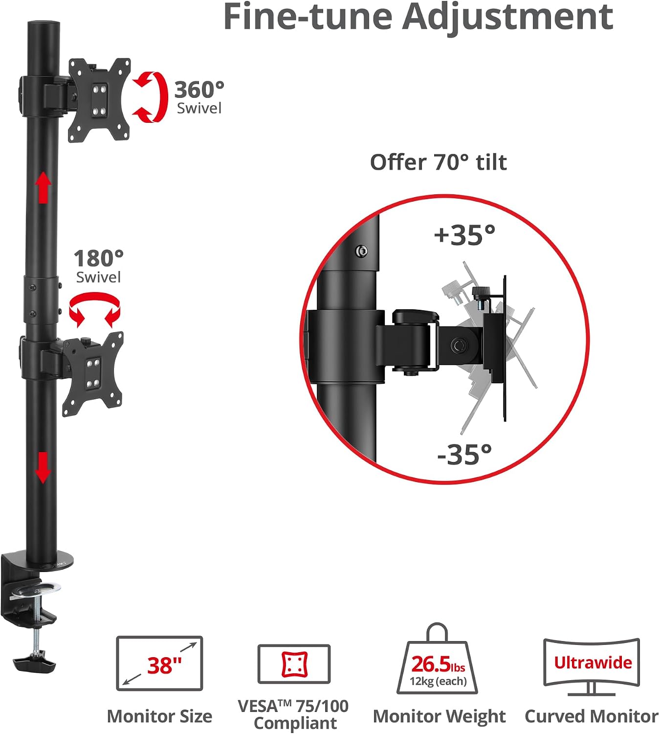 SIIG Dual Vertical Monitor Stand- Black, Fits 13-38' Screens- Up to 26.5 lbs- 31.5' Height Adjustable Pole- Quick-Release VESA- Cable Management -C-clamp/Grommet -VESA Plate 75/100(CE-MT5G11-S1)