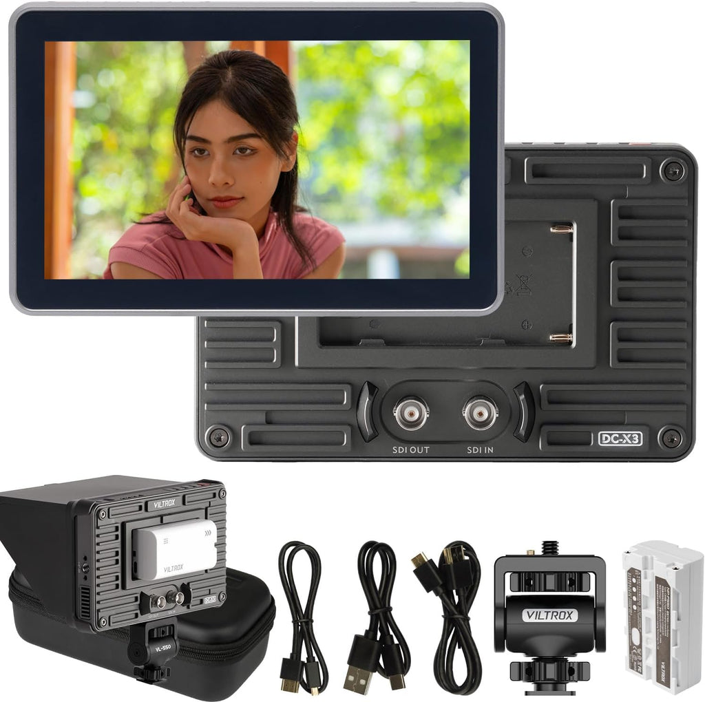 VILTROX DC-X3 6Inch 2000nits Camera Field Monitor, 4K HDMI/SDI IPS Touch Screen with 3D LUT, HD 1920x1080 Video Monitors with Sunshade Hood/NP-F550 Battery Compatible for DSLR Camcorder Cameras