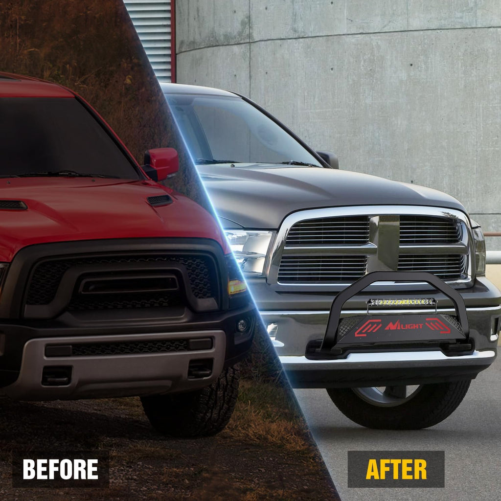 Nilight Bull Bar with Light Bar&License Plate Hole for 2009-2018 Dodge Ram 1500&2019-2024 RAM 1500 Classic (Exl Rebel Sport) Truck Brush Guard Front Bumper Push Bar w/Grille Skid Plate Light Mount