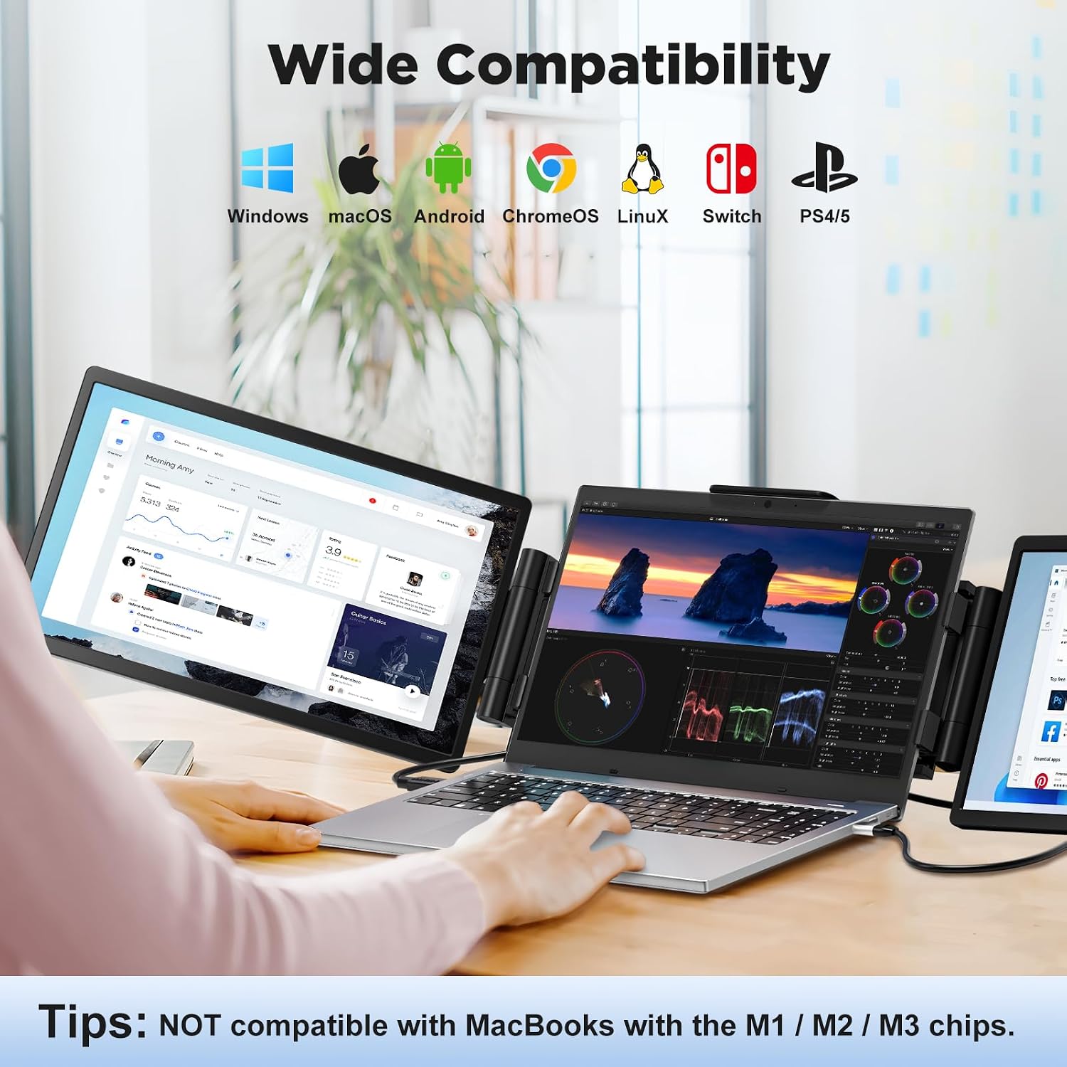 Laptop Screen Extender Monitor Portable, 14' 1200P Triple Screen Laptop Monitor Extender, 16:10 FHD IPS Laptop Monitor Extender Type-C/HDMI Plug & Play Laptop Extension for Mac/Wins/Android/Chrome
