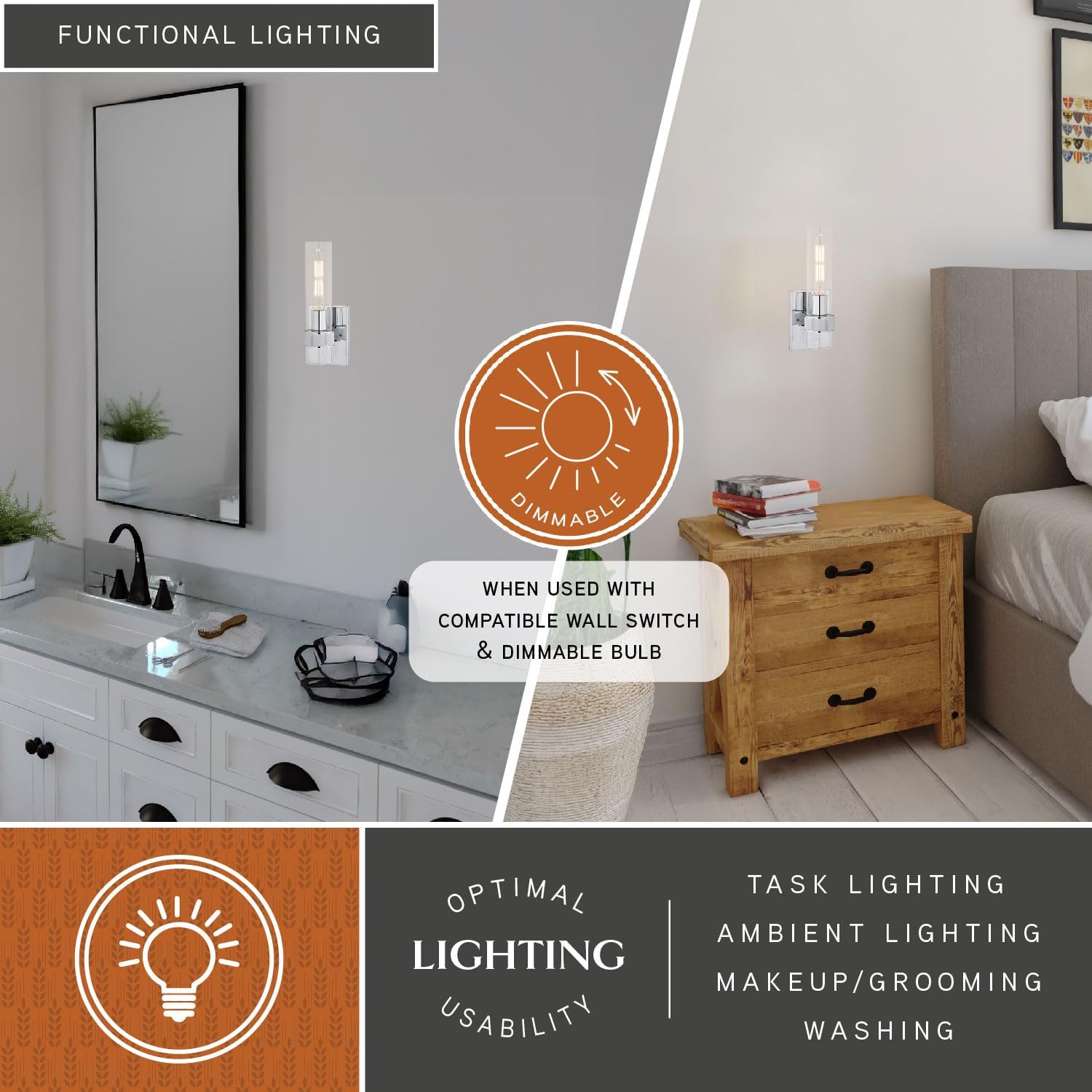 VAXCEL Bari 1 Light Bathroom Lighting Fixture with Clear Glass Cylinder Shade, Chrome Finish, Contemporary Modern Wall Sconce