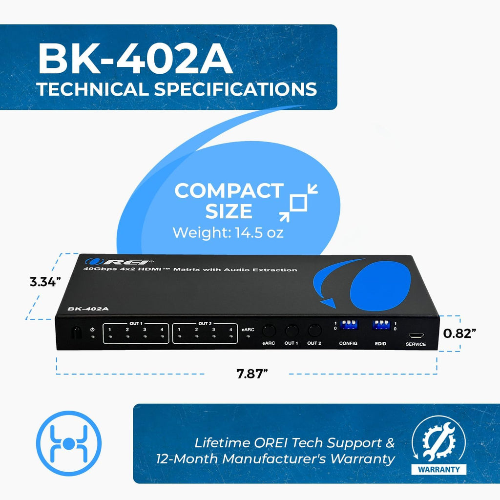 OREI 8K 4x2 HDMI Matrix Switch – 40Gbps HDMI 2.1, Audio Extraction, eARC, Downscaling, EDID Management (BK-402A)