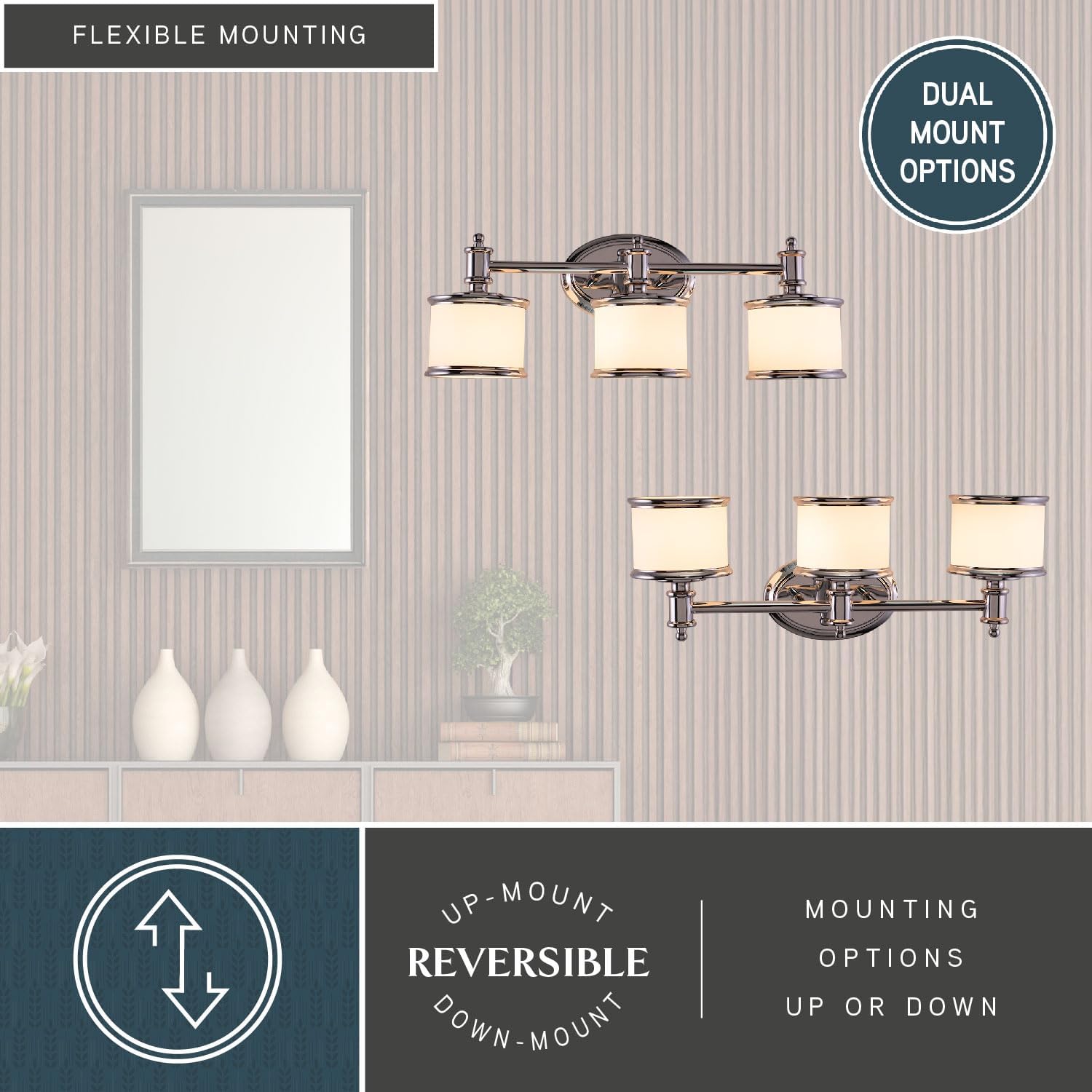 VAXCEL Carlisle 3-Light 22.25 inch Wide Chrome Transitional Bathroom Vanity Lighting Fixture, White Frosted Opal Glass Shade, Dimmable, LED Compatible, Reversible Over The Mirror Mounted Wall Sconce