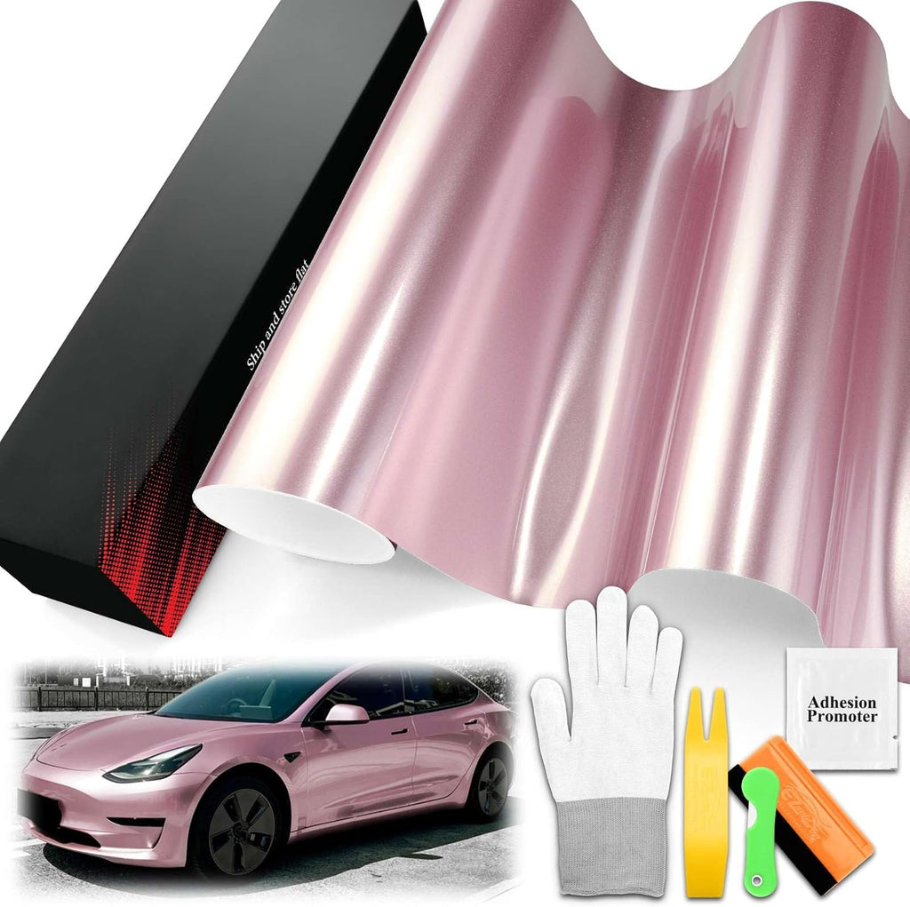 5FTx55FT PET Super Gloss Metallic Passion Pink High Glossy Vinyl Wrap Auto Car Sticker Decal Film Sheet Bubble Free Air Release Technology with Tool Set