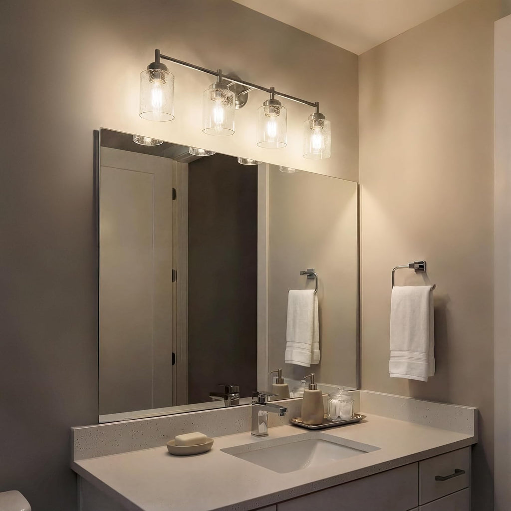 Kichler Winslow 30' Vanity Light in Brushed Nickel, 4-Light Transitional Bathroom Light with Clear Seeded Glass. (30' W x 9.25' H), 45887NI