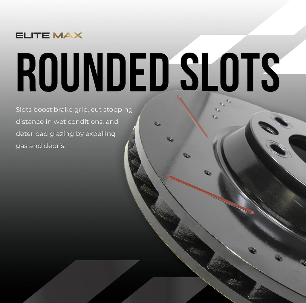 Max Advanced Brakes Front Brake Kit Compatible With 2006-2010 2011 Honda Civic Si Compatible With Acura CSX Type-S Replacement Drilled Slotted Black Coated Disc Brake Rotors and Ceramic Brake Pads