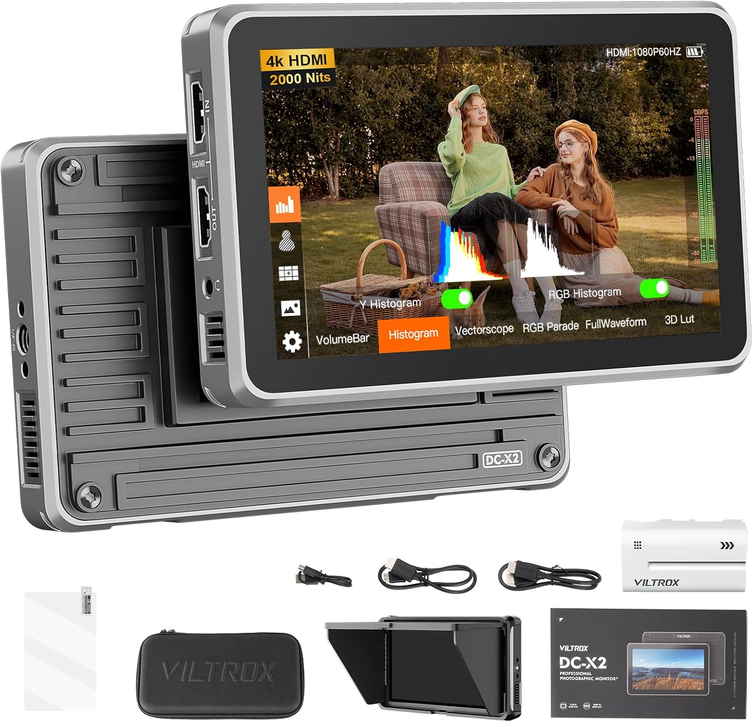 VILTROX DC-X2 6 inch Touchscreen Camera Field Monitor 4K HDMI Video Monitor with Sunshade Hood/Battery 2000nits 160°Wide View Angle 1920X1080 3D LUT Peaking Focus Assist Monitor