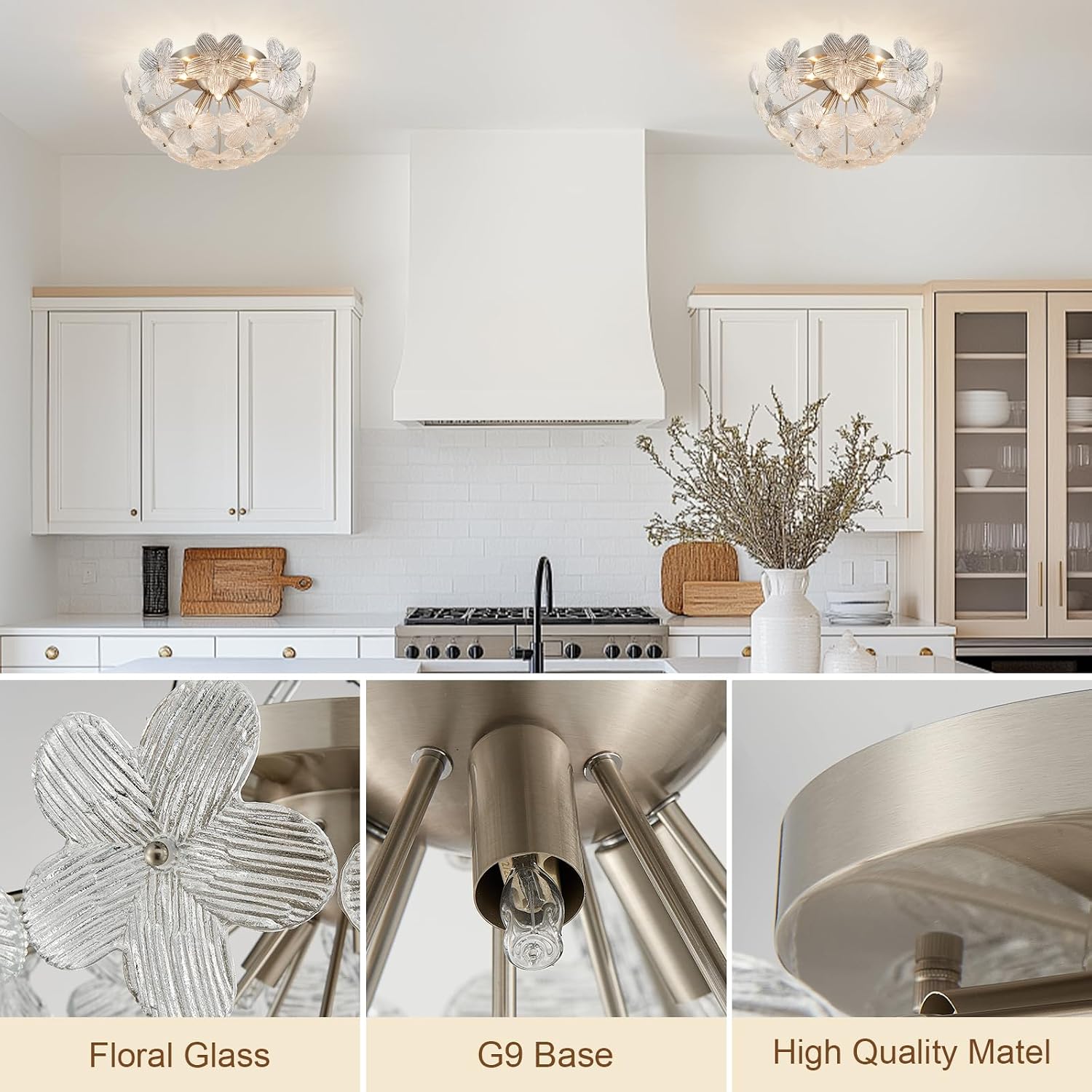Modern Small Semi Flush Mount Ceiling Light Fixture, Flower Brush Nickel Ceiling Light Glass Chandelier for Bedroom Bathroom Closet Entryway Living Room Indoor Kitchen Foyer Hallway