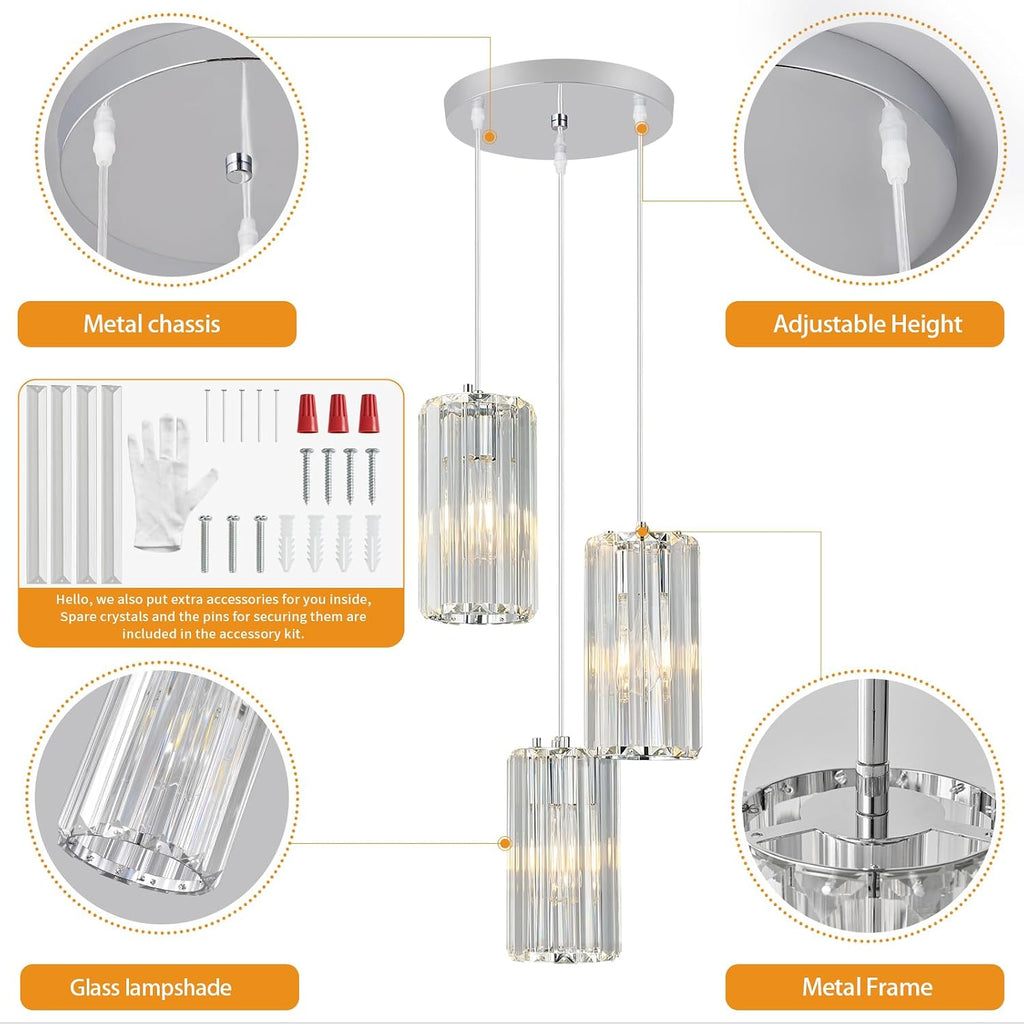 Chrome Pendant Lighting Modern Pendant Light, Mini Crystal Chandeliers,Adjustable Pendant Light Fixture for Kitchen Island Dinning Room Corridor Bedroom(Chrome 3-Light)