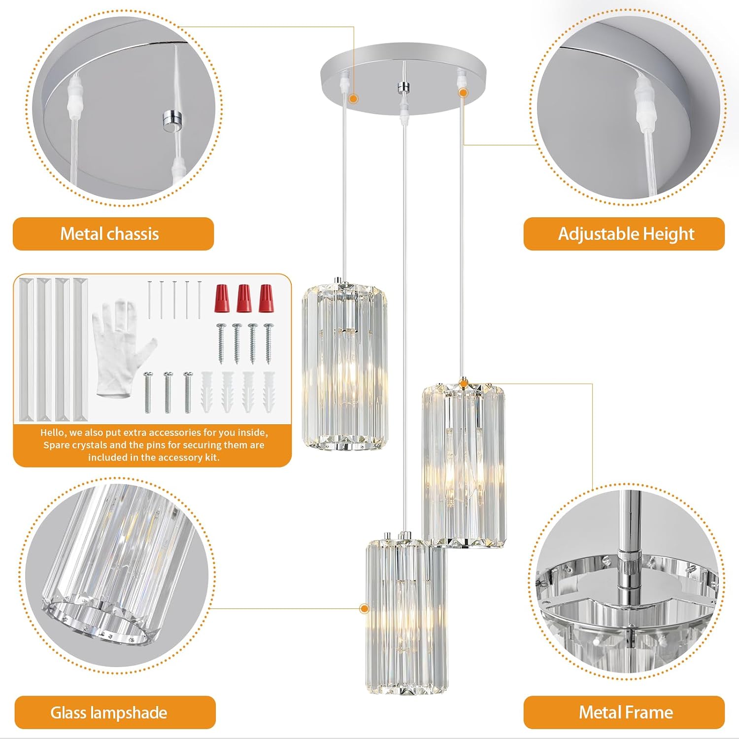 Chrome Pendant Lighting Modern Pendant Light, Mini Crystal Chandeliers,Adjustable Pendant Light Fixture for Kitchen Island Dinning Room Corridor Bedroom(Chrome 3-Light)