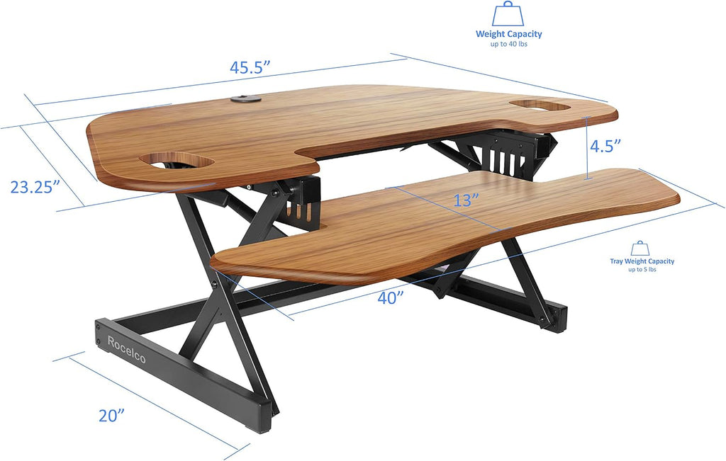 Rocelco 46' Height Adjustable Corner Standing Desk Converter with Dual Monitor Stand Bundle - Sit Stand Up Computer Workstation Riser - Extra Large Keyboard Tray - Teak Wood Grain (R CADRT-46-DMS)