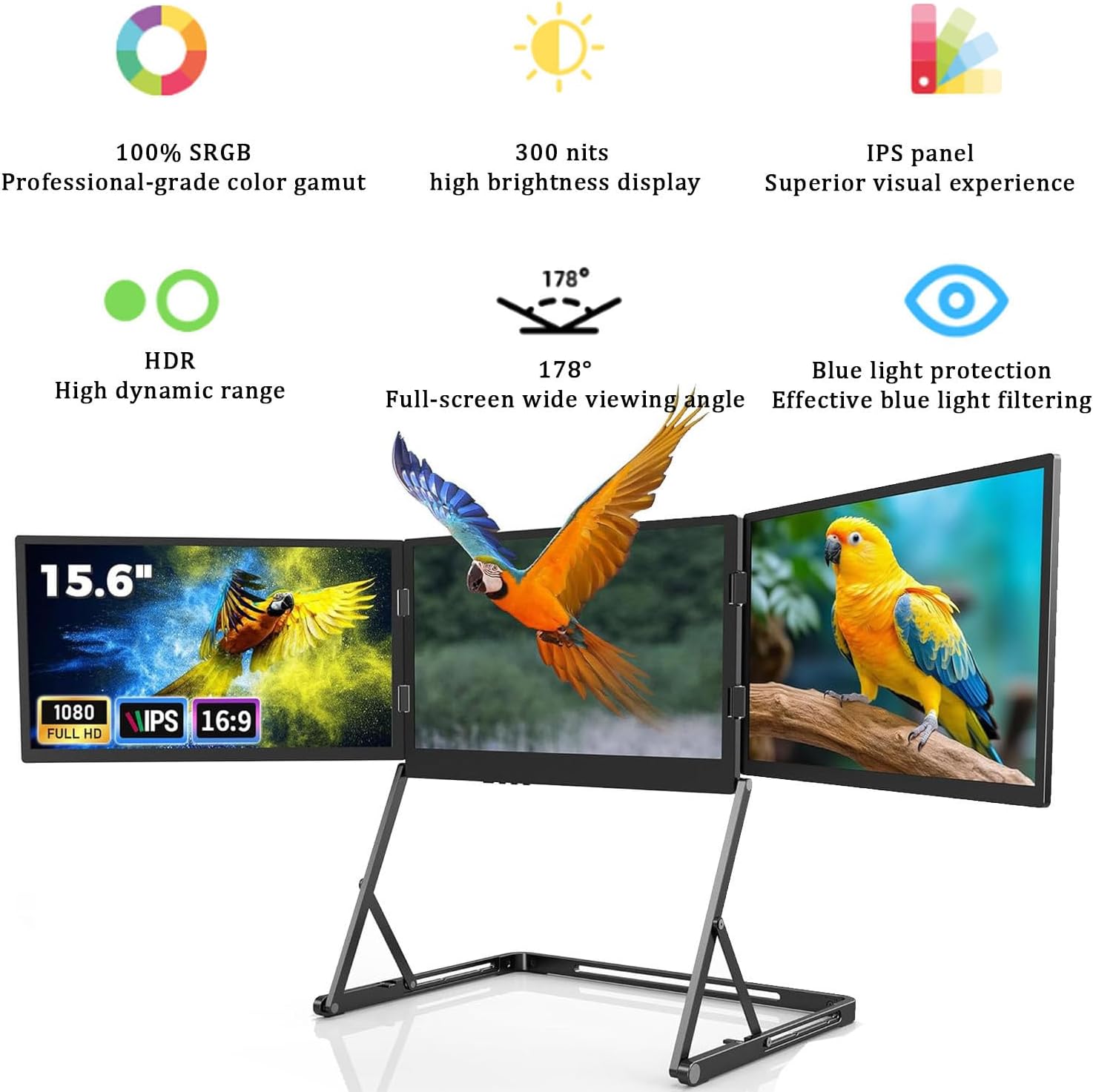 15.6'Triple Screen Portable Monitor, 1080p Portable Foldable Triple Monitor, with 360° Rotation Acjustable Viewing Angles, Compatible with Windows and Macos