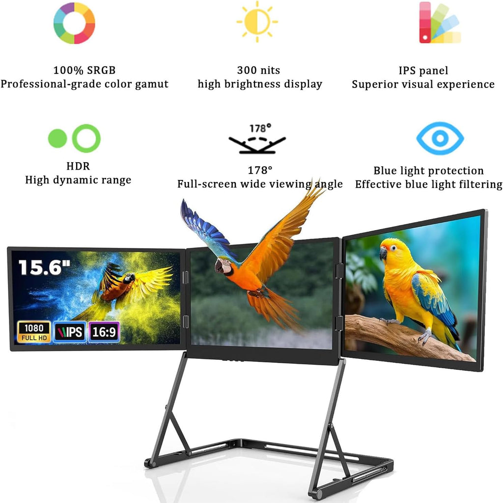 15.6portable Foldable Triple Monitor,Three Independent Screens Support Simultaneous Tasks, Compatible with Windows, Mac with 360° Rotation Adjustable Viewing Angles