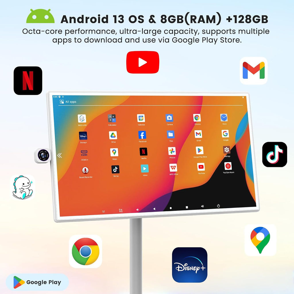 BIGASUO 32' Smart Portable TV on Wheels, 1080P FHD Touchscreen Monitor, 8GB RAM 128GB ROM, Android 13 OS, Rolling TV with Built-in 6H Battery, Full Swivel Rotation, Remote Control, White Design