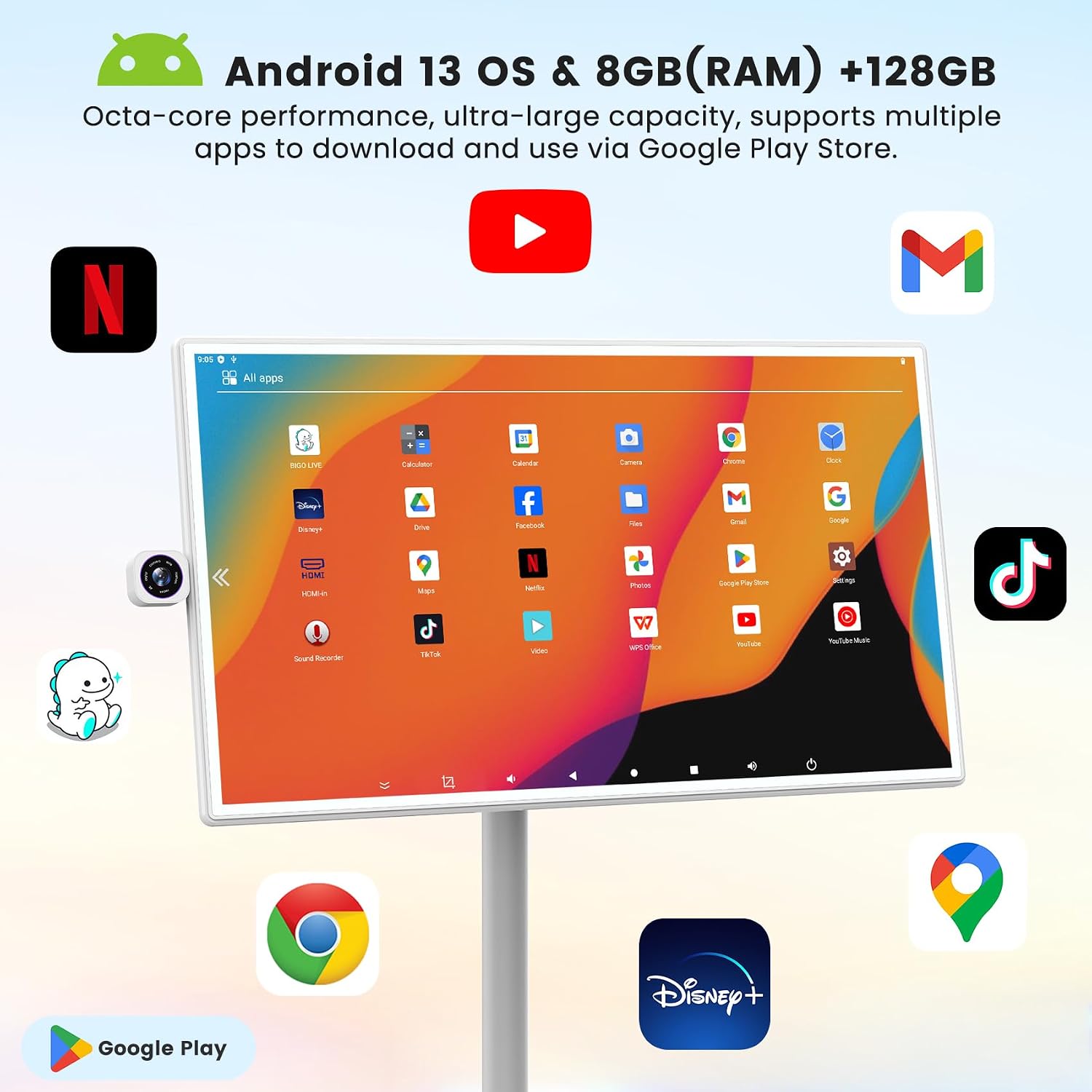 BIGASUO 32' Smart Portable TV on Wheels, 1080P FHD Touchscreen Monitor, 8GB RAM 128GB ROM, Android 13 OS, Rolling TV with Built-in 6H Battery, Full Swivel Rotation, Remote Control, White Design