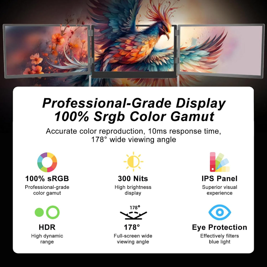 Foldable Triple Monitor for Laptop, 15.6' Portable Laptop Screen Extender with IPS 1080P Display, 100% sRGB Color, Built-in Speakers, Height Adjustable Stand