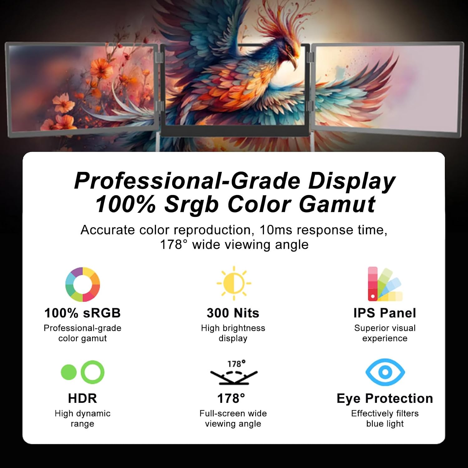 Foldable Triple Monitor for Laptop, 15.6' Portable Laptop Screen Extender with IPS 1080P Display, 100% sRGB Color, Built-in Speakers, Height Adjustable Stand