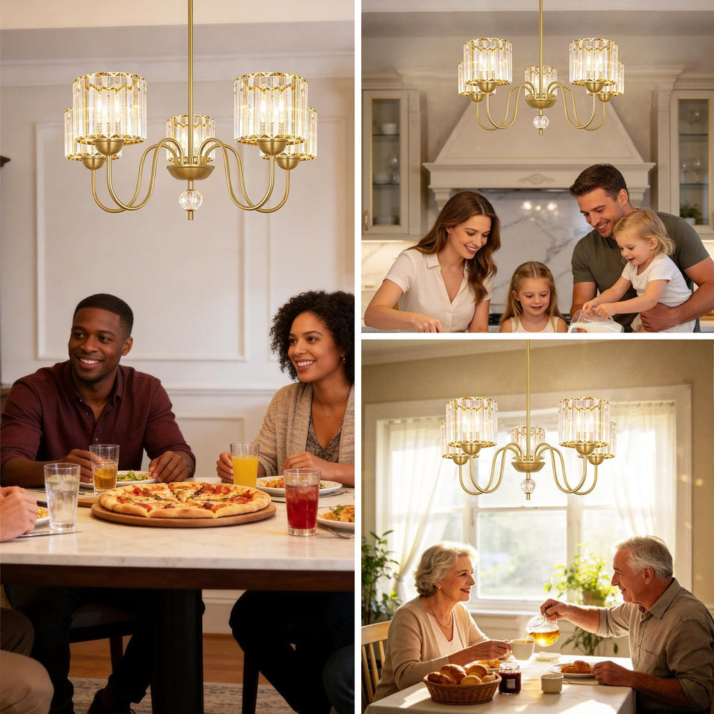Lxybcce 27'' Gold Chandeliers for Dining Room, 5 Light Modern Chandelier Light Fixture with Crystal Shade, Chandelier Ceiling Light Fixture, Kitchen Pendant Lights Over Table for Living Room Entryway