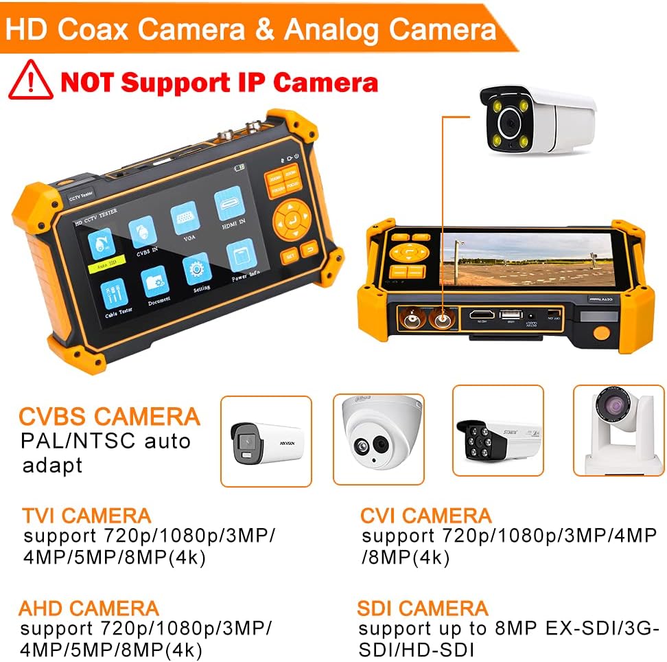 WSDCAM 5 inch TFT-LCD Screen CCTV Camera Tester Monitor Support 4K 8MP CVI TVI AHD SDI CVBS Analog Camera, Support HDMI in VGA in PTZ Control/DC12V Power Output/UTP Cable Tester, 3200-Plus