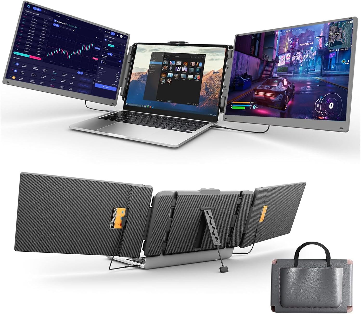 15.6' Triple Laptop Screen Extender, FHD IPS Multi Screen Extender with USB-C/USB-A, One Cable Connection Laptop Monitor Extender 12-16 Inch Laptops,Fits All Laptops