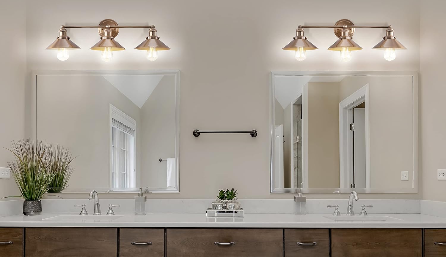 JONATHAN Y 26.5' Brass Gold 3-Light Industrial Farmhouse Metal Vanity Light Wall Sconce, Metal Shade for Bathroom Mirror, Kitchen, Entryway, LED Bulb Included (JYL7431A)