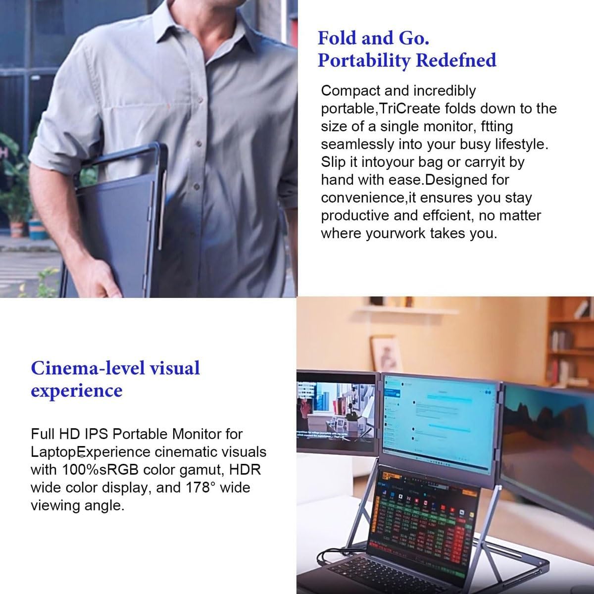 Tri-Screen Monitor Extender,15.6' FHD Monitor,1080P FHD IPS Display,100% sRGB,HDMIs/USB-C Pulg n Play,Workstation for Office & Remote Work