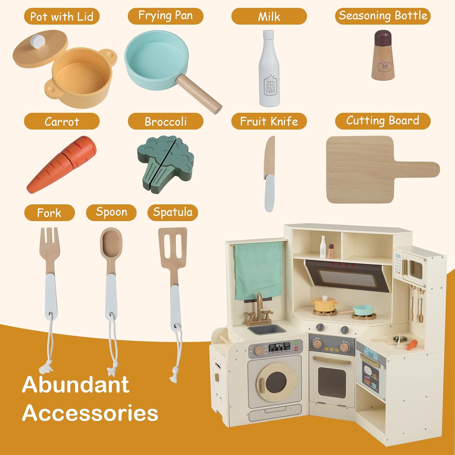 GLACER Corner Wooden Play Kitchen with Real Lights & Sounds, Pretend Kids Kitchen Playset with Trash Bin, Accessories, Dishwasher, Microwave Oven, Cooking Play Set for Toddlers Ages 3+ (Off White)