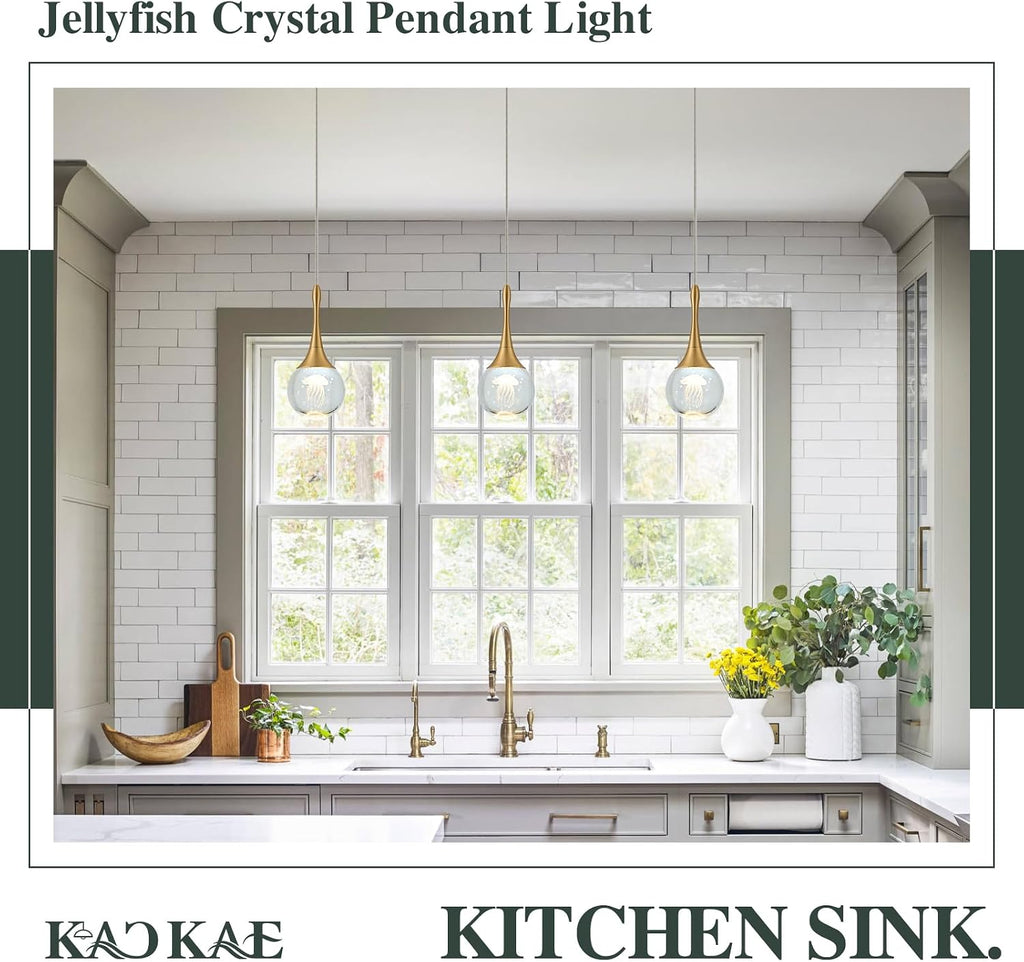 LED Pendant Light Kitchen Island Jellyfish Crystal Pendant Lights Dimmable Gold Modern Hanging Light for Bedroom Bathroom Living Room 3000K Warm White, 3 Pack