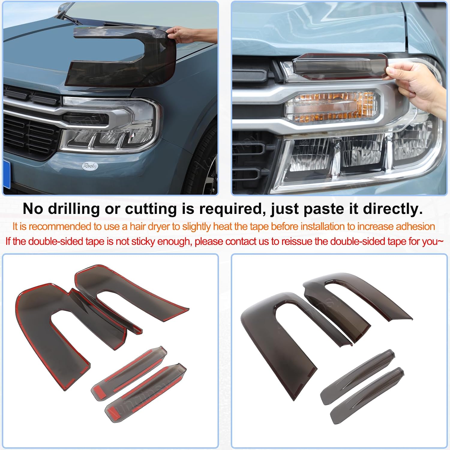 Aunginsy Car Front Headlight Trim Cover Kit Compatible with Ford Maverick 2022-2024 with Front Turn Signal Light Len Shell Shade Smoked Black Headlight Frame Bezels Protector ABS Exterior Accessories