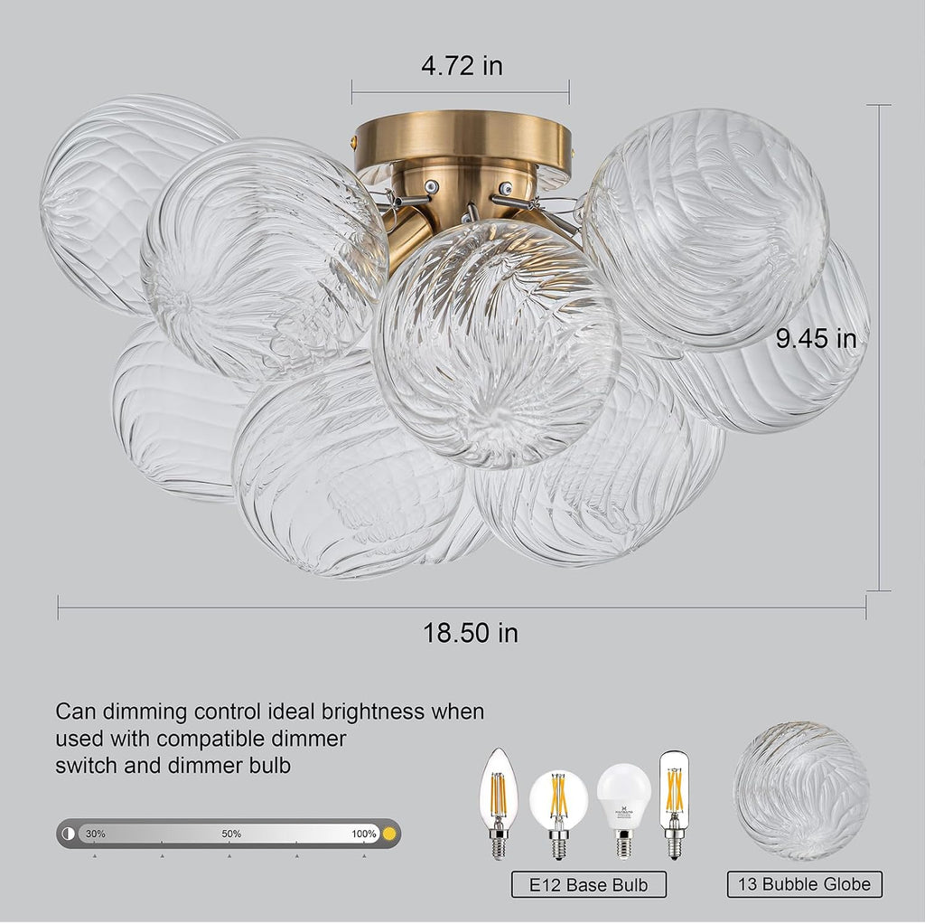 GoYeel Semi Flush Chandelier Gold, Modern Light Fixtures Ceiling Mount Lighting Pendant 3 Light Dining Chandeliers Over Table Glass 18.5' 13 Clear Swirled Globe for Foyer Bedroom Kitchen