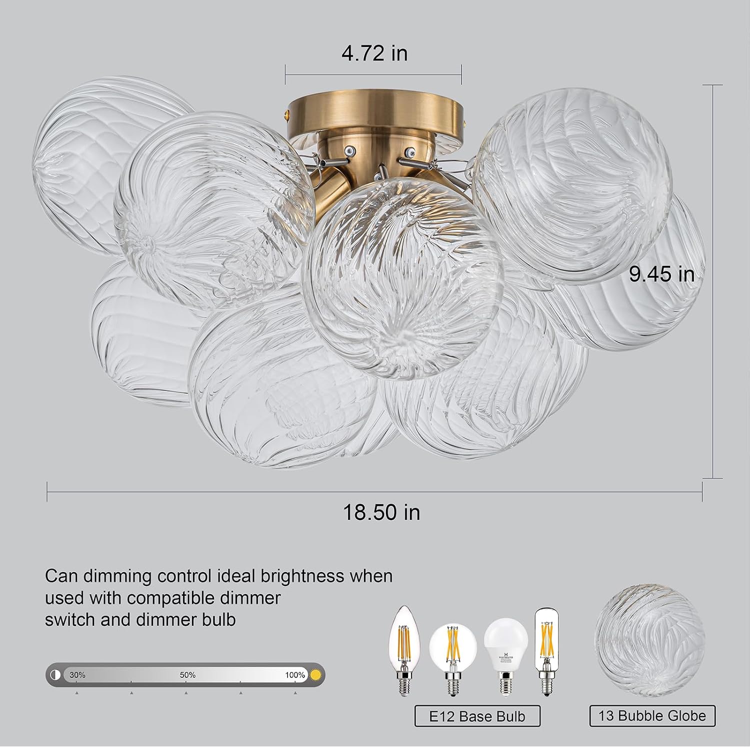 GoYeel Semi Flush Chandelier Gold, Modern Light Fixtures Ceiling Mount Lighting Pendant 3 Light Dining Chandeliers Over Table Glass 18.5' 13 Clear Swirled Globe for Foyer Bedroom Kitchen