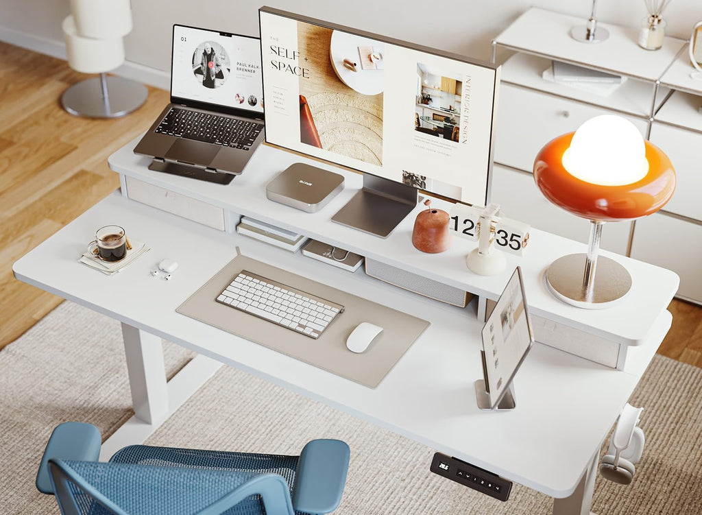 BANTI 40x24 Inch Electric Standing Desk with Dual Drawers, Height Adjustable Stand Up Table, Sit Stand Home Office Desk with Storage Shelf, White Frame/White Top