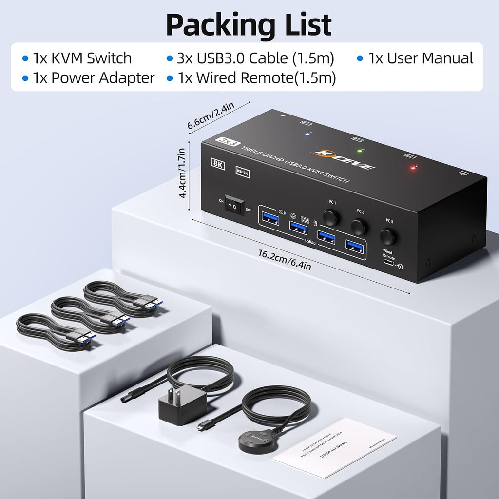 HDMI+2Displayport KVM Switch 3 Monitors 3 Computers 8K@60Hz 4K@144Hz,Triple Monitor KVM Switches with 4 USB3.0 Port for USB Devices,Wired Remote,Power Adapter and USB Cables Included.