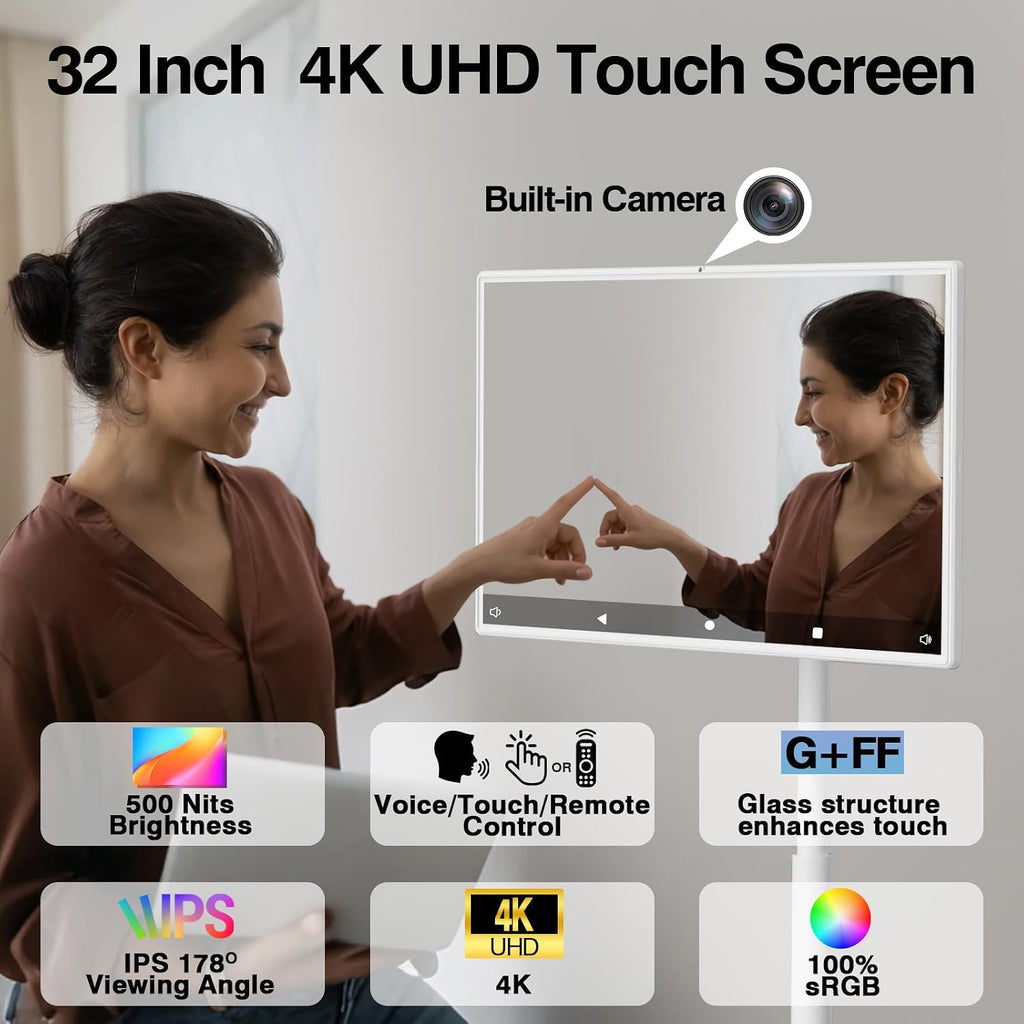 32 inch Portable Smart Tablet TV on Wheels with Full HD Rolling Touchscreen Monitor and Tablet in one, (8GRAM+128GB),Android 13,(5-8-Hour) Battery,Full Swivel Rotation,Voice Remote Control