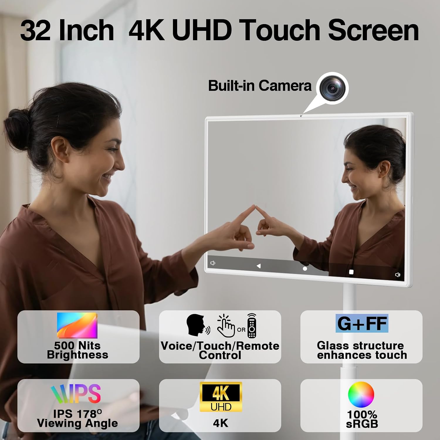 32 inch Portable Smart Tablet TV on Wheels with Full HD Rolling Touchscreen Monitor and Tablet in one, (8GRAM+128GB),Android 13,(5-8-Hour) Battery,Full Swivel Rotation,Voice Remote Control