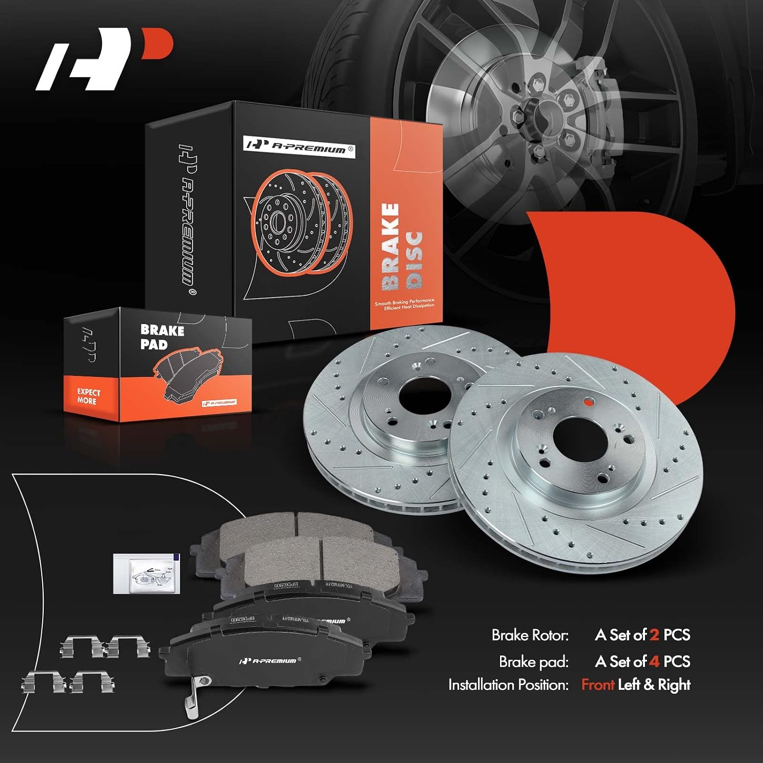 A-Premium 11.81 inch (300mm) Front Drilled and Slotted Disc Brake Rotors + Ceramic Pads Kit Compatible with Select Honda and Acura Models - Civic 2006-2011, CSX 2007-2010, RSX 2002-2006, 2.0L 6-PC Set