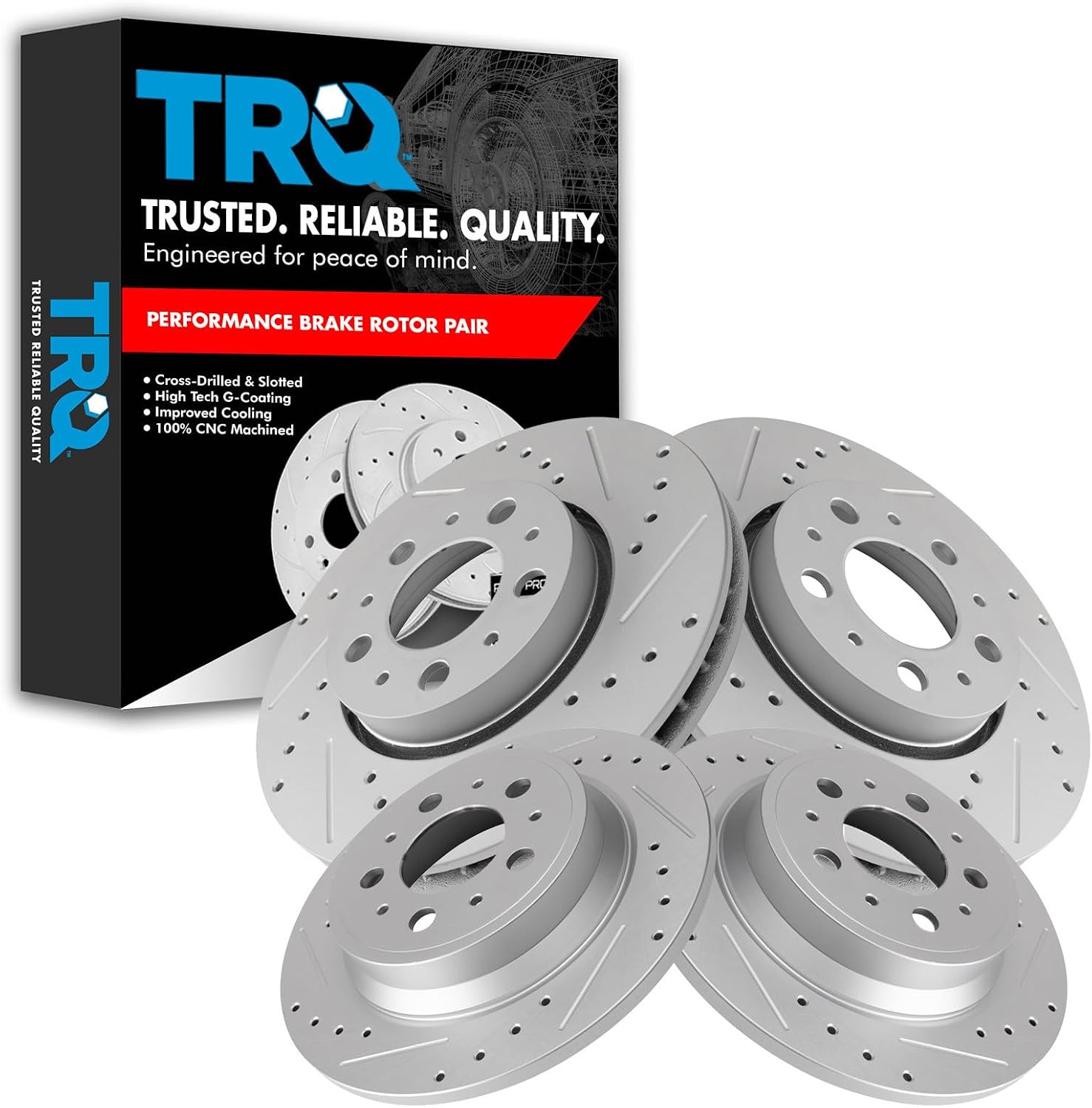 TRQ Performance Front and Rear Brake Rotor Set G Coated Drilled and Slotted Compatible with 2001-2009 Volvo S60 1999-2006 S80 2001-2007 V70 2003-2007 XC70