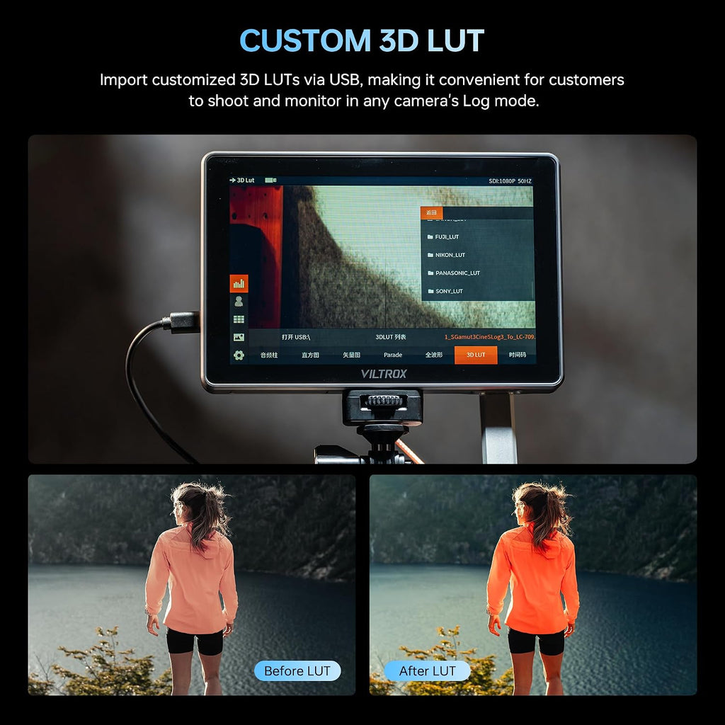 VILTROX DC-L2 7 inch SDI Camera Monitor, 1280x800 IPS HD Touch Screen Camera Field Monitor with 4K HDMI & SDI in/Out, 600 Nit, 3D LUT, Focus Peaking, Video Assist, Full Waveform, F550 Battery