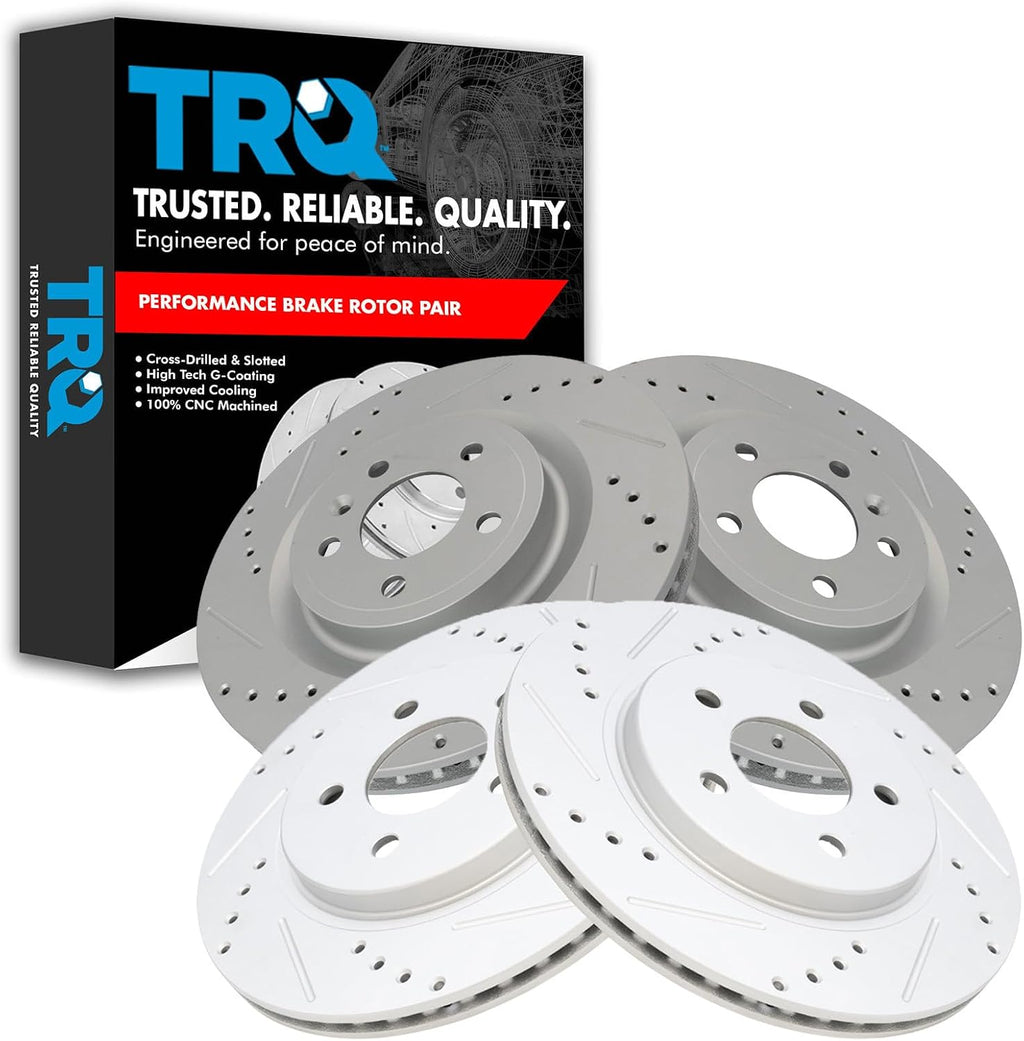 TRQ Front and Rear Brake Rotor Set G Coated Drilled and Slotted Compatible with 2011-2014 Ford Mustang